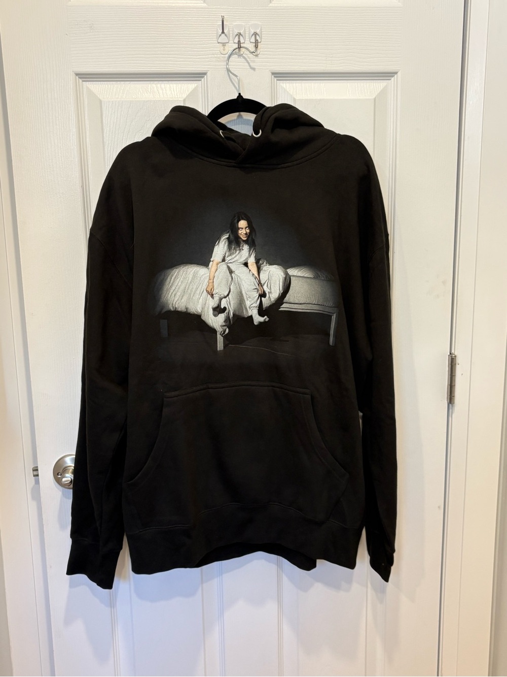 Billie Eilish Black Graphic Hoodie with Bed Illustration #1304